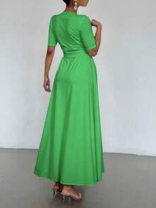 Vstido largo mujer envolvente escote V elegante manga tres cuartos lazo cintura cómodo moderno evento - Verde - Ver 2