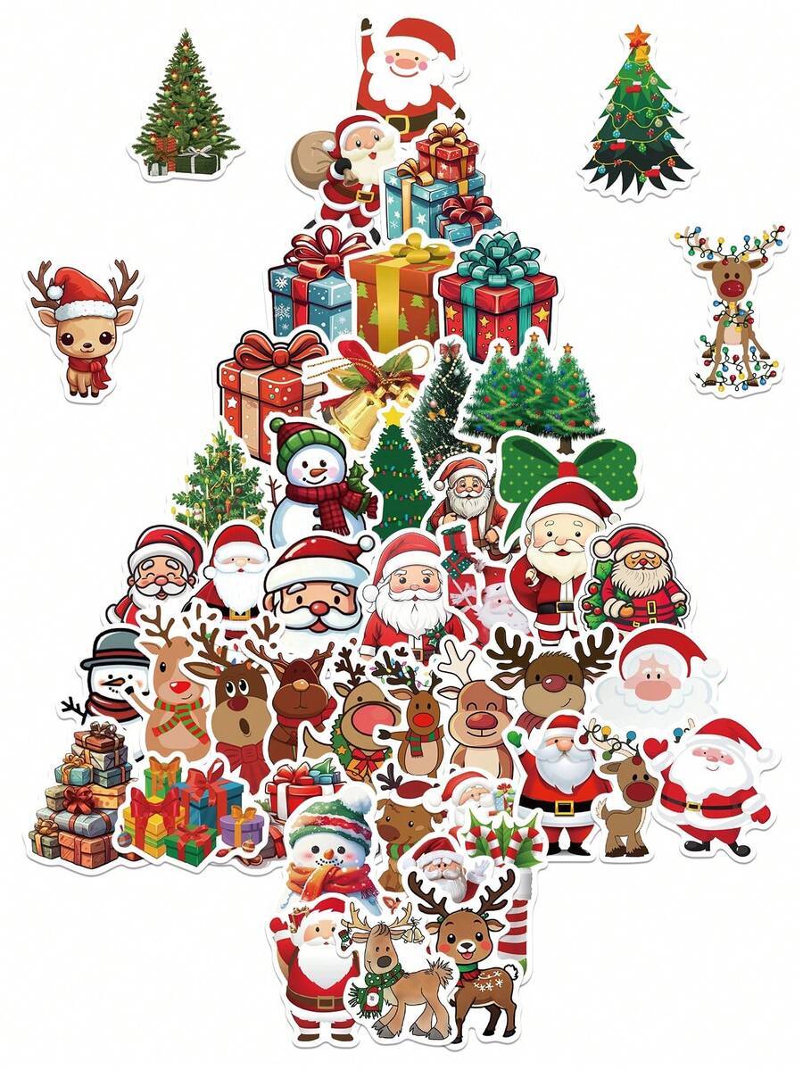 50 Stücke Weihnachts-Aufkleber Cartoon Weihnachtsmann Hirsch Geschenkbox Aufkleber für Laptop Koffer Computer Sammelalbum Kühlschrank Handy Aufkleber Weihnachtsparty Geschenke Spielzeug