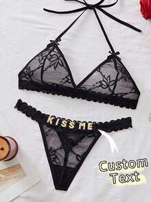 2pcs Custom Christmas Women Backless Lace Sheer Sexy Lingerie Set