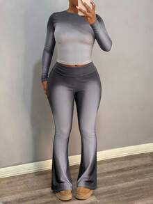 Blazique Conjunto de 2 piezas de camiseta de manga larga con cuello redondo y degradado y pantalones acampanados con degradado para mujer, ropa de otoño