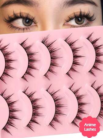 Pestañas de manga, 5 pares de pestañas postizas de estilo muñeca naturales - Pestañas de manga con tallos negros, diseño de cómic de hadas, perfectas para juegos de roles - Reutilizables, Halloween, fiesta, Navidad