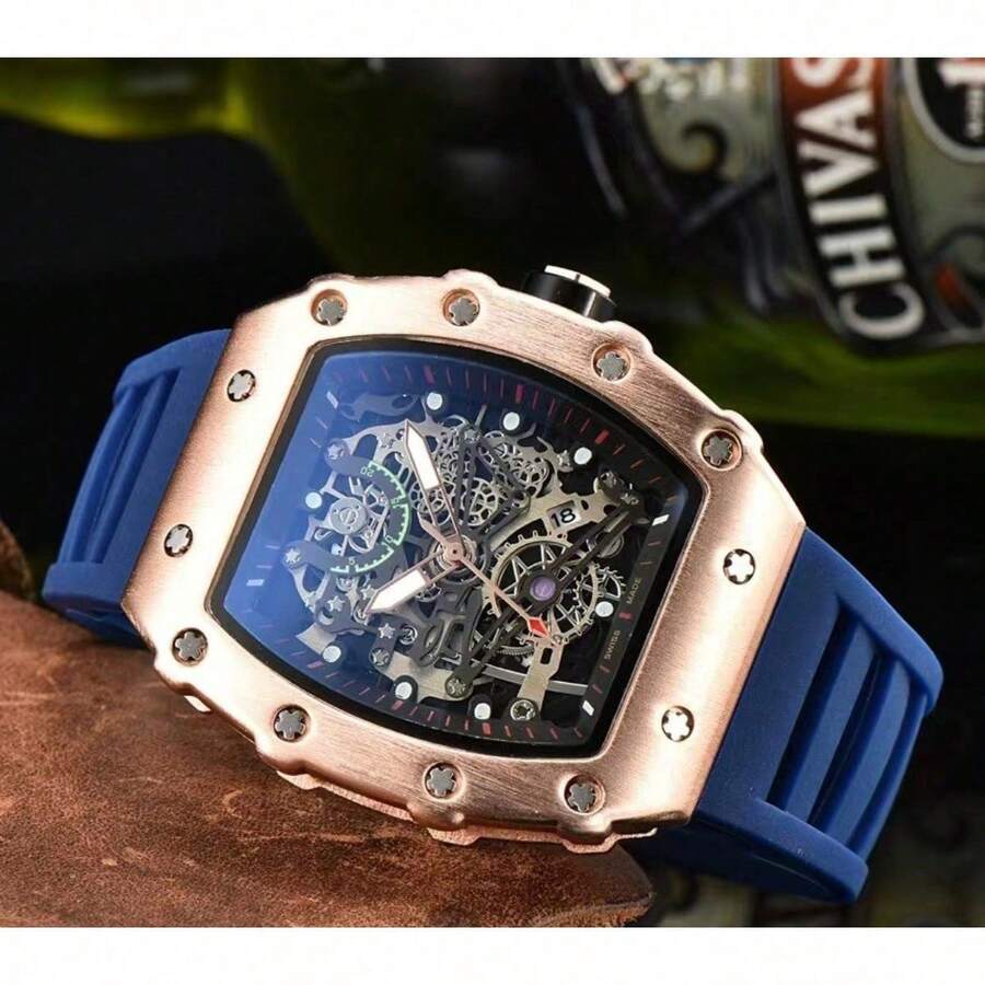 ..Ichard-Style Barrel Skeleton Quartz Watch, Luxury Business Casual Wristwatch With Luminous & Calendar, For Men And Women - Màu xanh lam - Xem 1