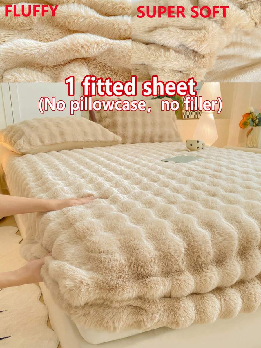 1pc Thick Faux Rabbit Fur Fitted Sheet, Mattress Protector Cover, (No Pillowcase, No Pillow Insert) Floral Pattern Fitted Sheet, Plush, Warm To The Touch, Wrinkle-Resistant, Removable And Machine Washable, Twin/Full/Queen Size - Ideal For Bedroom And Guest Room