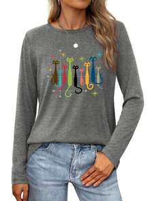 Colorful Cats In A Starry Night Scene Womens Long-Sleeve Crewneck T-Shirt - Xám - Xem 1