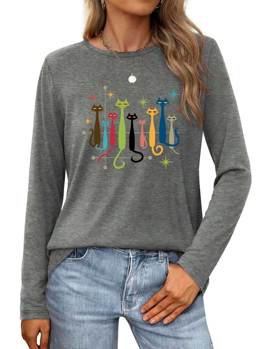 Colorful Cats In A Starry Night Scene Womens Long-Sleeve Crewneck T-Shirt - Xám - Xem 1