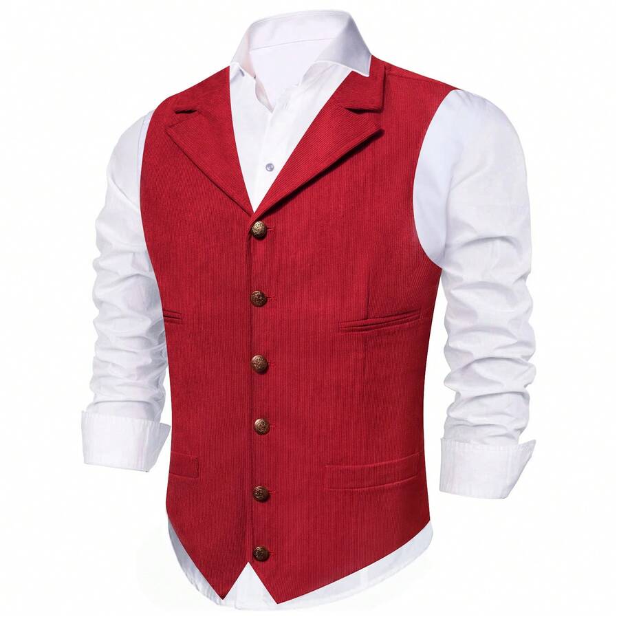 Mens Waistcoat Red Satin Lapel Vest Suit Tuxedo Gilet Coat Wedding Formal Casual Office - 紅色 - 查看 1