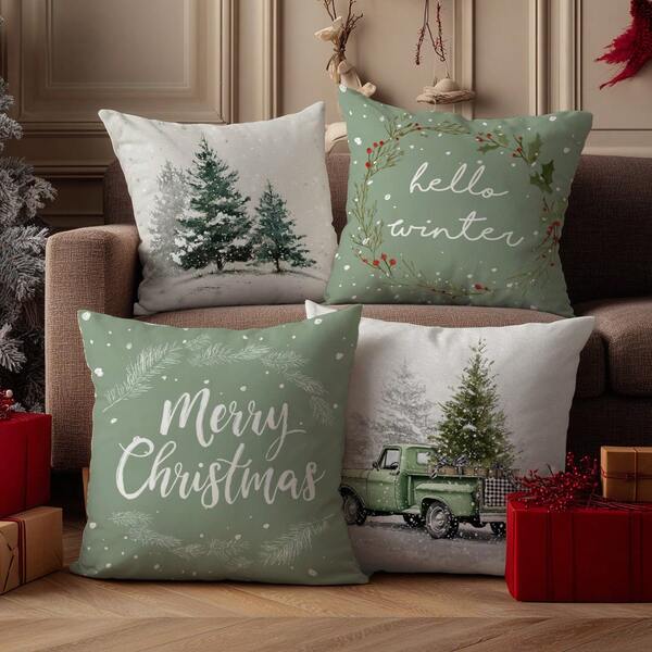 4pcs Christmas Tree, Pine Tree And Truck Printed Plush Velvet Pillow Covers, 45*45/50*50/40*40CM Cushion Covers For Modern Fabric Sofa, Indoor Decor, Party Decoration, Gift