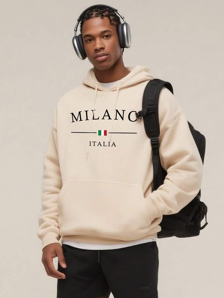 Camvyn Men's Letter Print Long Sleeve Drawstring Pocket Hoodie Sweatshirt, Back To School , Fall - Apricot - View 1