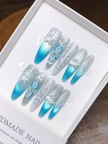 10 片纯手工可穿戴指甲，长椭圆形指甲形状，手绘 3D 浮雕，蓝色渐变猫眼热带风格假日，按压式指甲按压式丙烯酸秋季指甲 - 彩色 - 查看 5