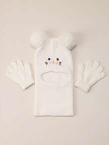 1 Set Balaclava+Gloves 1-5Y Cat Pom-Pom Black Balaclava Toddler Beanie Double Balls Baby Girls Boys Beanies Kids Winter Hats Children Knit Warm