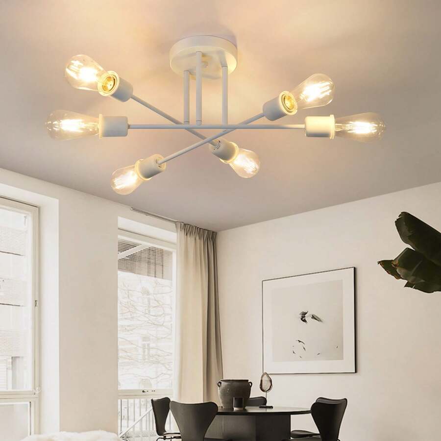 homefire Ceiling Lamp Vintage Ceiling Light Bedroom E27 Retro Living Room Lamp 6-Flame Chandelier White Bedroom Lamp Dining Table Lamp Industrial Rustic Style (Without Bulb) - White - View 1