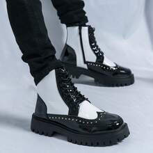 切尔西靴男士高帮皮鞋韩版英伦踝靴发型师皮靴黑色商务通勤正装鞋英伦尖头加大码婚礼新郎牛津鞋，男士牛仔靴冬季，亮面高帮休闲德比鞋适合俱乐部派对夏季舒适黑色靴子，手工男士工装靴，厚底西部靴春季直筒靴，漆皮亮面摩托车靴，秋季品牌系带骑马靴 - 黑與白 - 查看 8