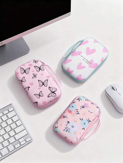 Handpainted Heart Data Cable Organizer Pouch, Colorful Butterfly Pattern Earphone Storage Box, Floral Charging Cable Zipper Bag, Creative Painted Electronics Organizer Electronic Organizer Storage Bag Waterproof Portable For Travel For Tech For Women For Men