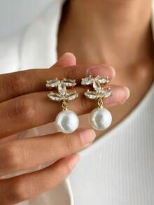 2pcs Fashionable Luxury Zirconia Encrusted Criss-Cross Pearl Stud Earrings, Versatile C-Shaped Earrings For Women, Suitable For Fashionable Outfits, Daily Wear, Parties, Vacations, Weddings And Other Formal Occasions, Great Gift For Friends - Gold - View 3