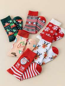 6 Pairs New Plus Size Christmas Socks Set, Mid-Calf Santa Claus Cute Cartoon Socks
