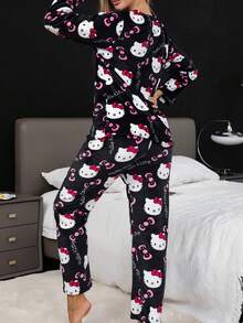 2pcs Women's  Cartoon Cute Flannel Warm Thick Fleece Pajama Set, 1 Full Print Long Sleeve Crew Neck Top And Pants, Comfortable Loose Fit, Suitable For Autumn/Winter - 黑色 - 查看 2