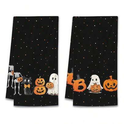 2 件万圣节手巾 - 超柔软涤纶，吸水，厨房和浴室装饰毛巾，带有有趣的骷髅、猫、南瓜图案，适用于美容院、酒店运动、家庭必需品、毛巾、皮肤护理