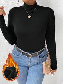 Plus Size Women's Solid Color Fleece Pullover, Warm & Comfortable Tight Fit Long Sleeve High Neck Casual Undershirt, Autumn/Winter - Black - View 7