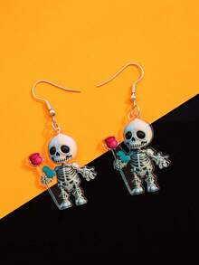 1 Pair Cute & Funny Acrylic Skeleton With Rose Flower Earrings, Suitable For Halloween Wear