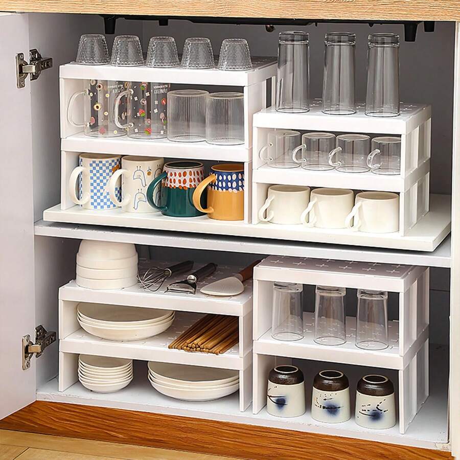 1 pièce Étagère de rangement pour tasses de placard, support empilable pour tasses de placard, grande capacité d'organisation et de rangement de cuisine, étagère de rangement en couches gain de place, support de rangement multifonction amovible pour tasses, mugs, couverts et ustensiles de cuisine