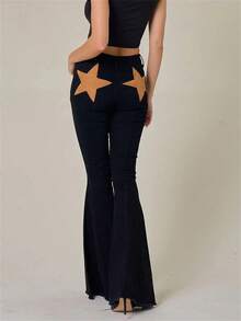 Pantalones vaqueros de mujer para primavera y verano, de talle alto con parche de estrella, pantalones acampanados de denim ajustados - Negro - Ver 7