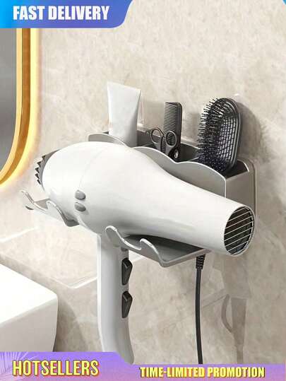 1 pieza Estante de almacenamiento de baño montado en la pared, soporte para secador de pelo sin manos, diseño adhesivo sin costuras, montaje de secador de pelo sin taladro para el baño, estante de almacenamiento de secador de pelo, decoración de baño, solución de almacenamiento de baño.