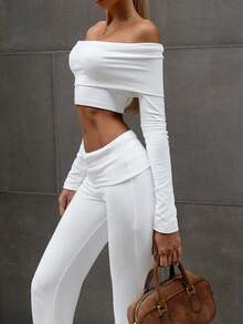 Women's Casual White Off The Shoulder Crop Top And Wide Leg Pants Two Pieces Set Medium Stretch Fabric Spring - White - View 9