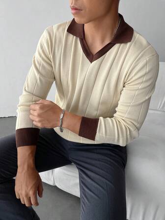Men's Contrast Color Polo Neck Long Sleeve Loose Casual Sweater, Autumn/Winter