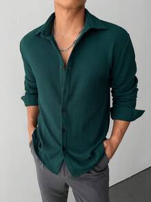 WAIT HIM 男士休闲纯色长袖衬衫 - 墨綠色 - 查看 5