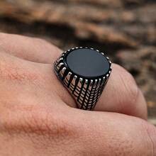 1 Piece Vintage Stainless Steel Smooth Shiny Oval Gemstone Black Agate Minimalistic Classic Ring For Man