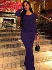 Women's Fashionable Elegant Ruched Crew Neck Long Sleeve Bodycon Dress - Purple - View 3