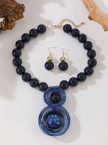 3 Stücke übertriebenes mehrschichtiges handgefertigtes Aluminium-Draht-Geflecht im Boho-, Afrikanischen und Koreanischen Stil, funkelndes Set aus Halskette und Ohrringen für Urlaub, Party, Strand, Vintage - Königsblau - Übersicht 16