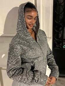 Women's Y2K High Street Kangaroo Pocket Sweatshirt, Women's Leopard Print Long Sleeve Jacket - Grey - View 3
