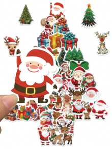 50 Stücke Weihnachts-Aufkleber Cartoon Weihnachtsmann Hirsch Geschenkbox Aufkleber für Laptop Koffer Computer Sammelalbum Kühlschrank Handy Aufkleber Weihnachtsparty Geschenke Spielzeug