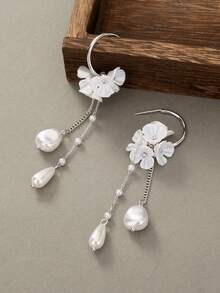 1 Pair Tassel Chain Faux Pearl Flower Dangle Swing Earrings For Women - Silver - View 4