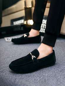 Men's Lightweight Metal Buckle Solid Color Loafers, Casual Everyday Canvas Moccasins