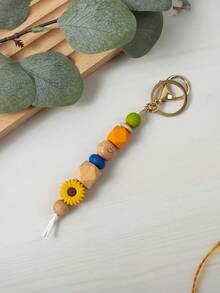 1pc Daisy Boho Style Silicone Wooden Bead Keychain Pendant Backpack Hanging Accessory, Keyring Anti-Lost, Teacher's/Mother's Day Gift School Car Accessories Cute Goth Y2k - Multicolor - View 11