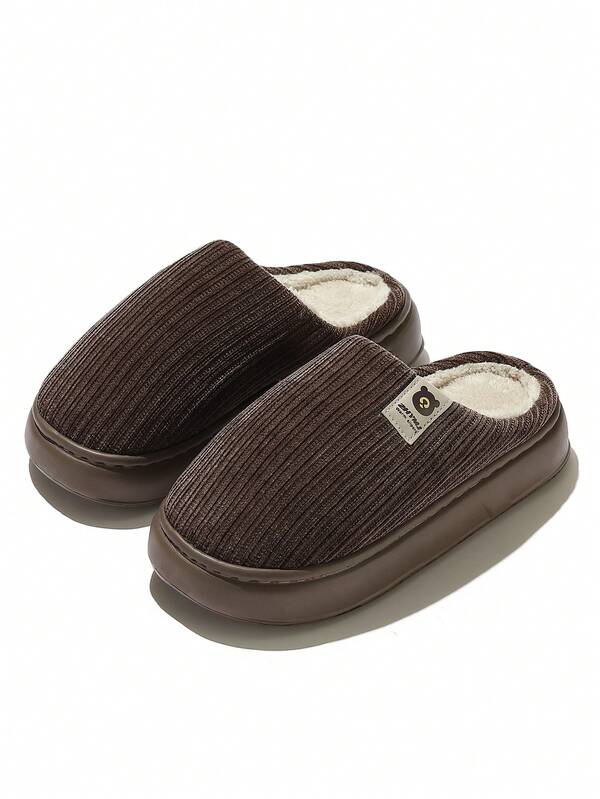 نعال داخلية/خارجية للرجال بتصميم رأس الدب الناعم والفرو، نعال شرائط مسطحة ذات لون واحد من رغوة الذاكرة