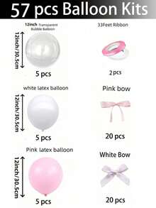 57/112pcs Pink And White Bow Balloon Set, With Transparent Bobo Balloon, With Pink And White Ribbon And Glue, Essential Decoration Props For Holiday Parties, Suitable For Birthday Parties, Anniversaries, Wedding Scene Decoration, Valentine's Day Gifts, Mother's Day Gifts Christmas Decorations Home Christmas Gifts Christmas Decor - 粉色 - 查看 7