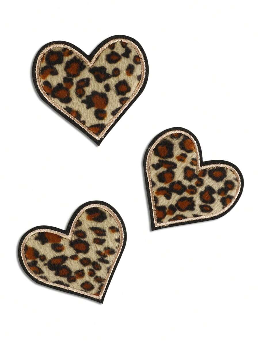 3pcs Leopard Print Heart Embroidered Patches, Fashion Versatile Polyester Ironing/Sewing On Appliques Suitable For DIY Crafts On Clothing, Bags, Shoes, Curtains, Hats, Home Decor - Multicolor - View 1
