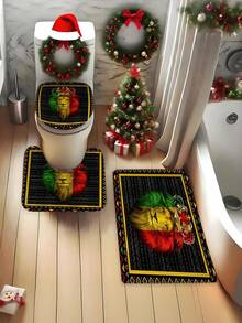 4 pièces Ensemble de salle de bain avec imprimé géométrique couronne et lion, rideau de douche imperméable avec crochets, tapis en U, housse de siège de toilette, tapis en L, accessoires de salle de bain, décoration de salle de bain, décoration de Noël