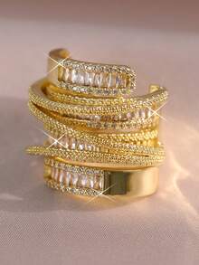 1pc Geometric Multilayer Big Ring, Suitable For Couples, Women, Banquet, Ball, Party, Inlaid With Cubic Zirconia, Copper Ring - Yellow Gold - View 10