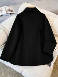 欧美时尚简约女装外套，翻领单排扣优质短款羊毛大衣，休闲宽松纯色长袖复古风，适合搭配时尚衬衫，完美适合女士冬季羊毛大衣。 - 黑色 - 查看 4