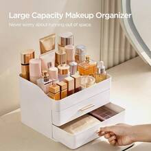 Makeup Organizer Vanity With 2 Drawers, Large Bathroom Countertop Cosmetics Organizer Skin Care Storage, Easy To Store Lipsticks, Nail Polishes, Perfumes, Eyeshadow Palettes, All White - 最初的 - 查看 3