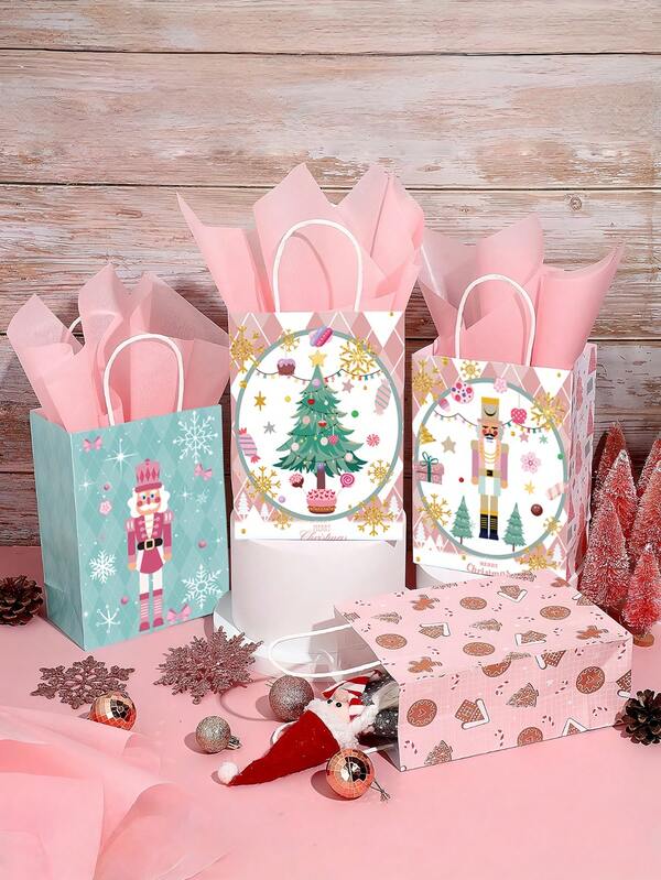12 pièces Sac-cadeau de casse-noisette de Noël avec papier de soie, sac de friandises de casse-noisette de Noël rose avec canne de bonbon, fournitures de fête de Noël, 8 x 6 x 3 pouces