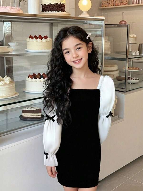 Tween Girls' Elegant Bowknot Puff Sleeve Square Neck Knee-Length Dress, Fashion 2025 Autumn