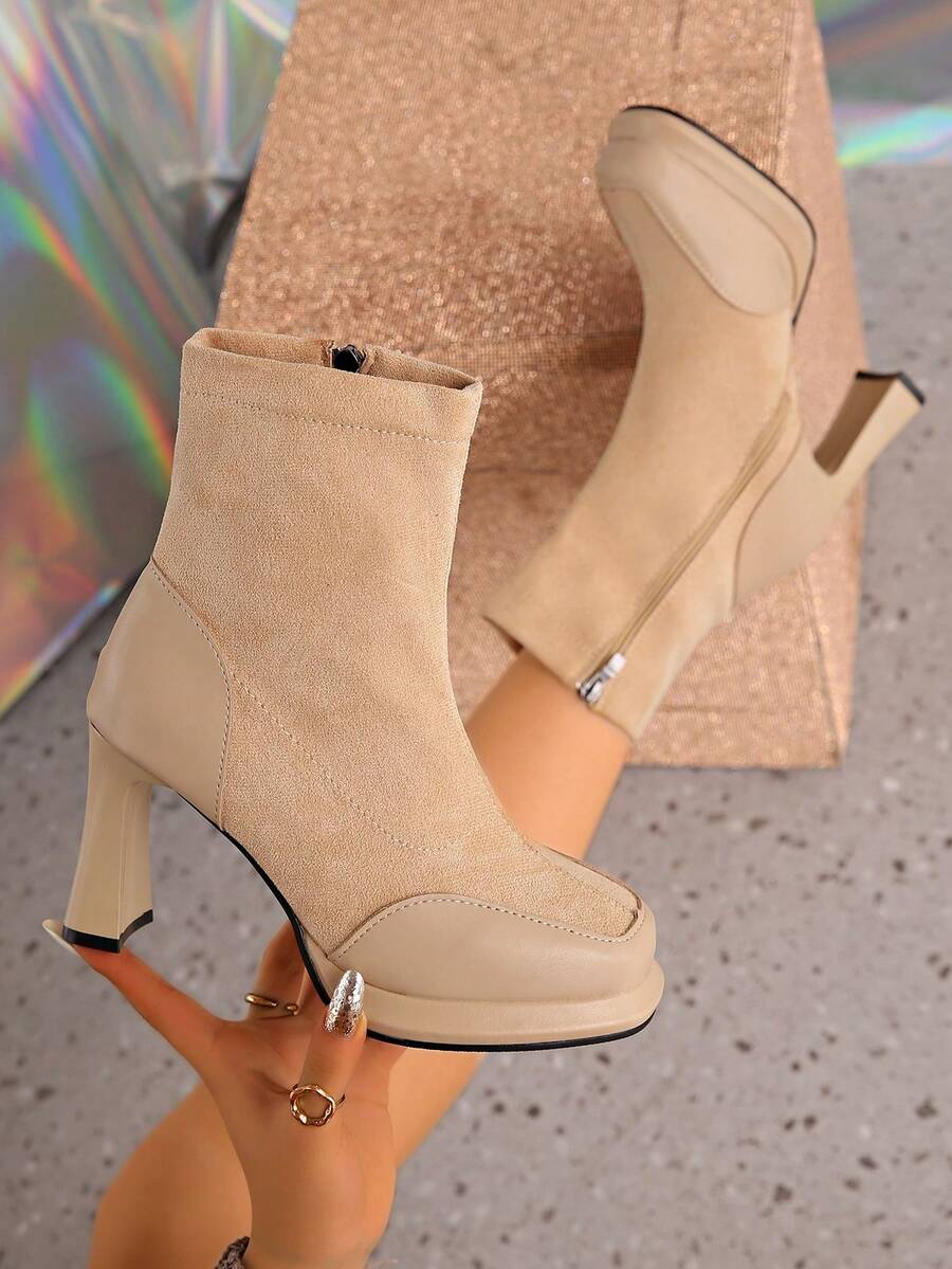 SHIHUA Women's Chunky Heel Ankle Boots, Patchwork Waterproof Platform Elastic Slim Fit Ankle Boots, Side Zipper Booties, Versatile With Dresses - Khaki - View 1