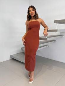 Tailored Midi Dress With Bust, Boning, Back Slit - Rust Brown - View 4