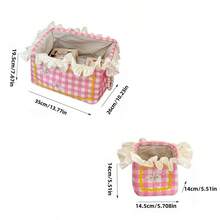 1pc Large Plaid Lace Laundry Basket, High-Quality Multi-Purpose Snack Storage Box, Contrast Color Cream Ruffle Edge Storage Basket, Rectangular Handmade INS Style Stitched Fabric Desktop Organizer Box