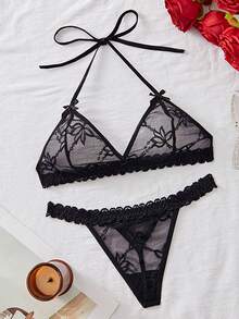 2pcs Custom Christmas Women Backless Lace Sheer Sexy Lingerie Set